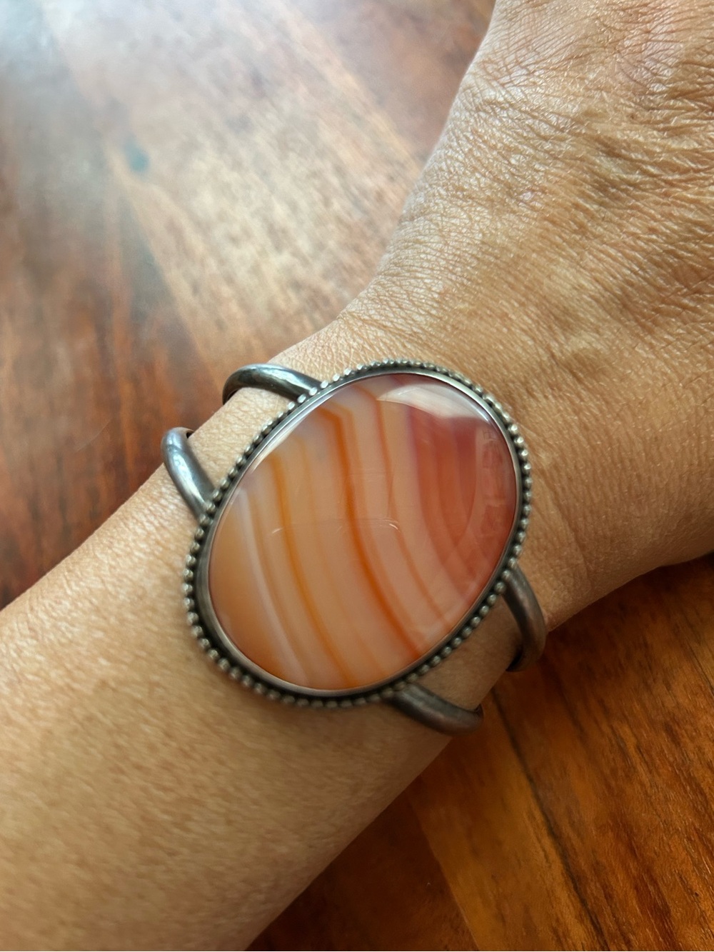 Peaches and Cream Agate Silver Tone Cuff Bracelet